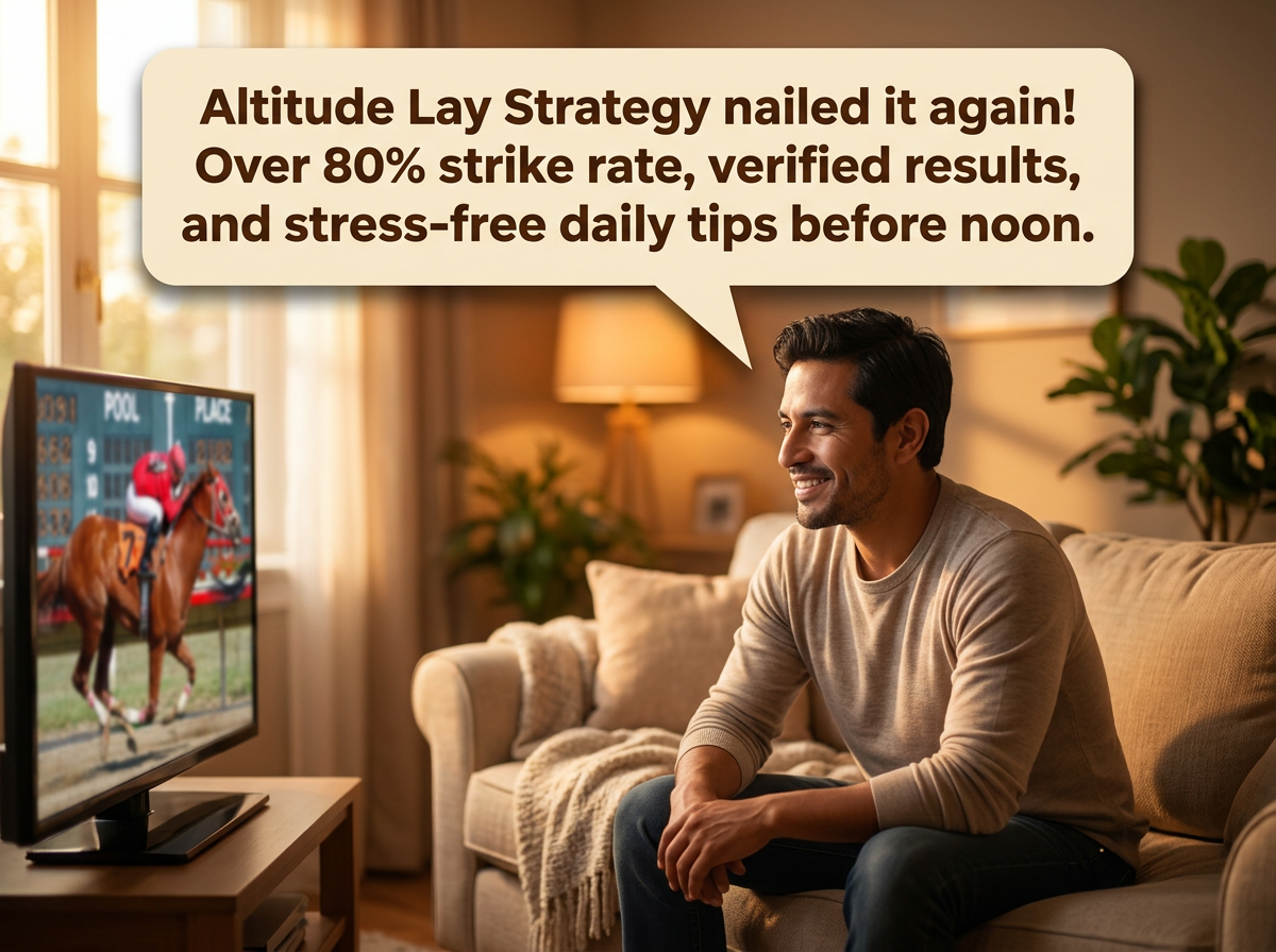 man on his couch giving a thumbs-up review of the Altitude Lay Strategy while watching horse racing.