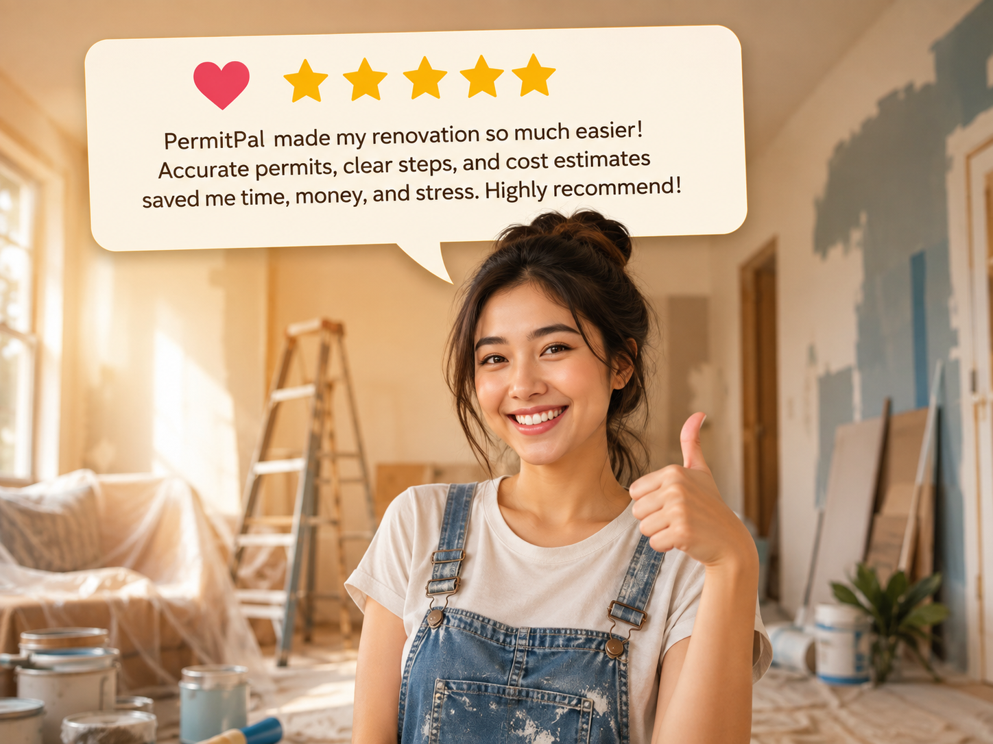 Happy homeowner giving a thumbs up beside a five-star review praising PermitPal's permit checklist and cost estimates