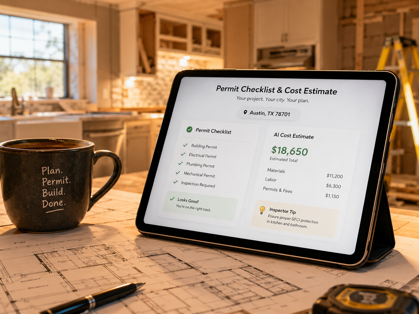 PermitPal interface showing municipality-specific permit checklist and AI cost estimate results