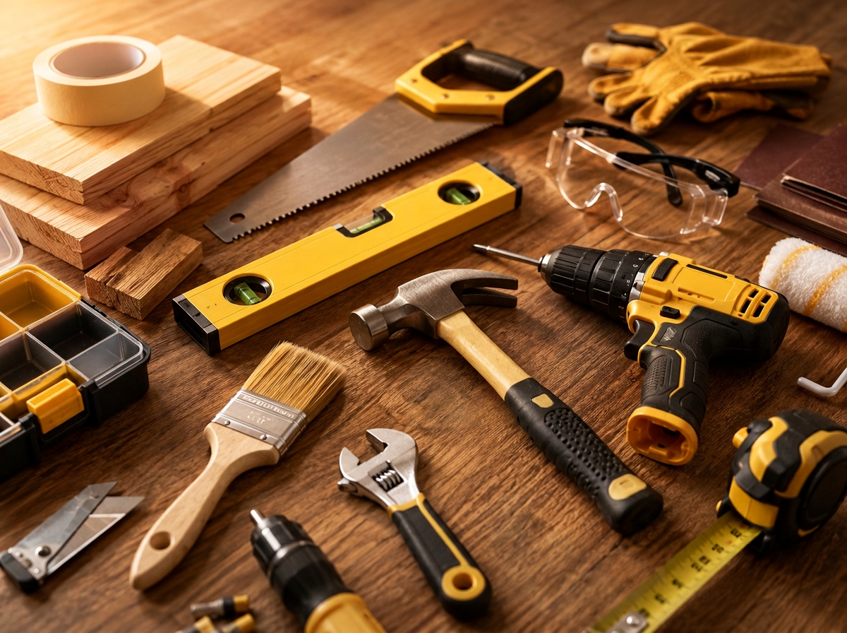 Contractor's tool kit for a home remodel project that requires permit research and cost estimating before work begins