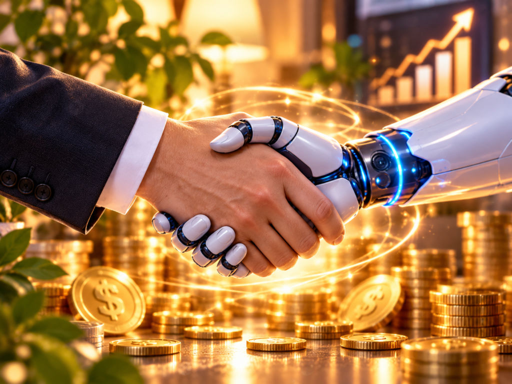 Handshake between a person and AI robot with rising earnings chart, symbolizing turning an AI side hustle into secondary income.