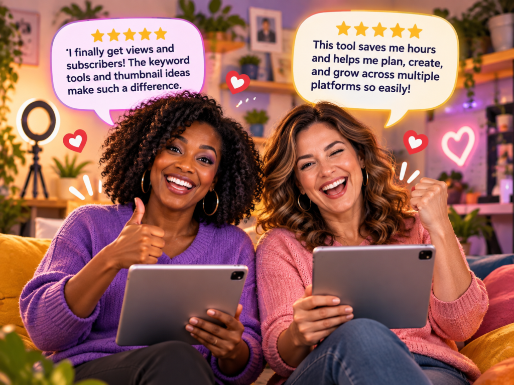 Two creators cheering over five-star reviews praising VidRankr's growth results
