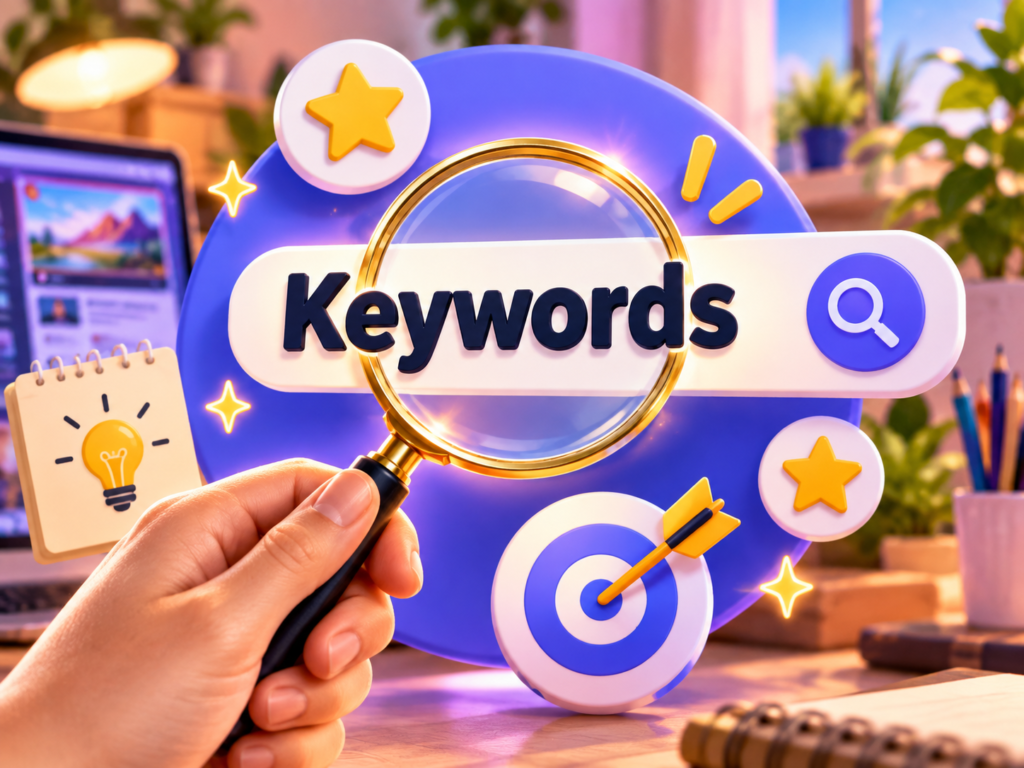 Magnifying glass targeting keyword search results, symbolizing VidRankr's Rank Fire SEO tool