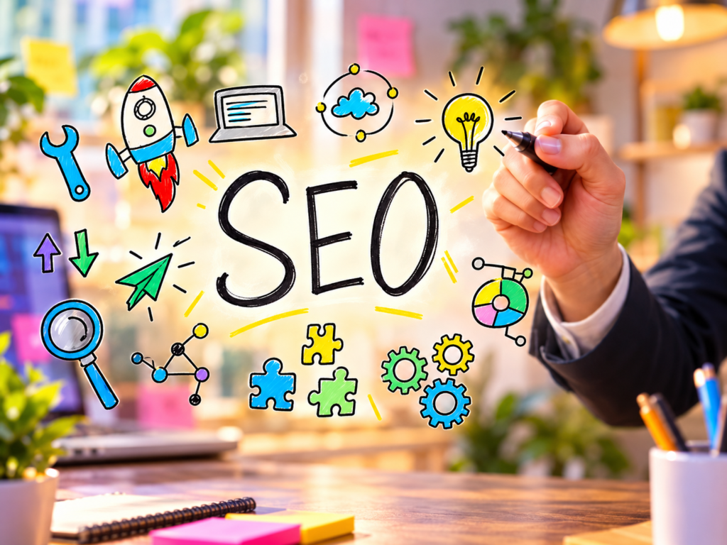 Hand-drawn SEO concept with icons for growth, ideas, and analytics representing VidRankr's ranking tools